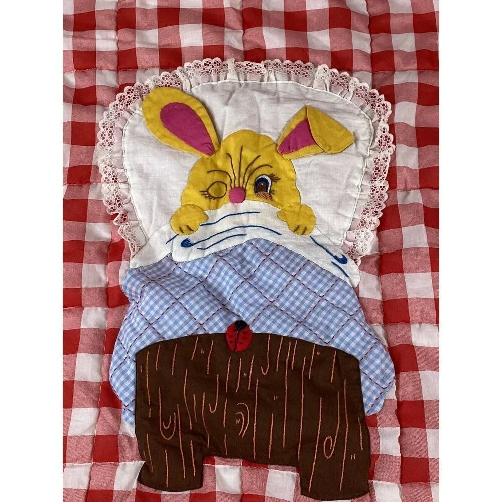 VTG‎ 70s 80s Handmade Red Gingham Quilt 53x39 Bunny Appliqué Cottagecore Easter